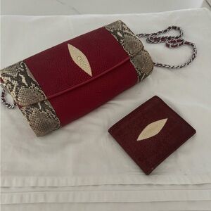 Handmade genuine galuchat (stingray leather) and python skin red handbag